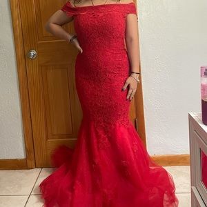 Red mermaid formal prom dress